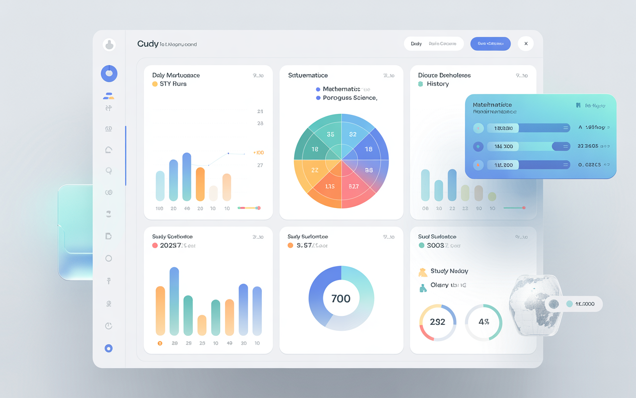 Dashboard com gráficos de desempenho de estudo por matéria e streak