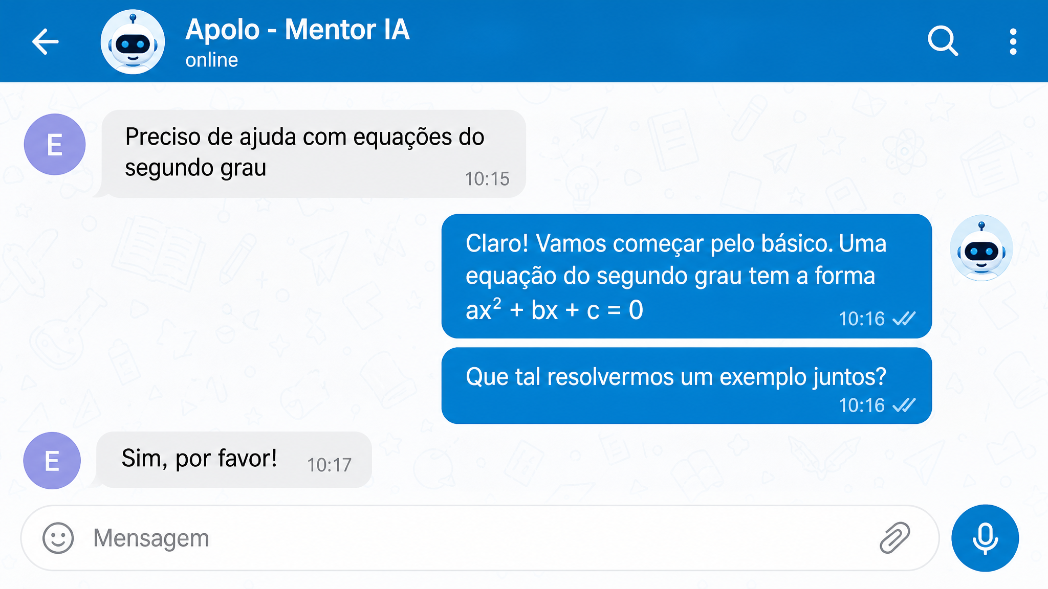 Mensagens do Apolo no Telegram com lembretes de estudo
